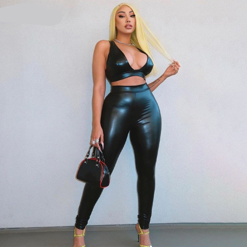 Voguable   Sleeveless Solid Pu Leather Backless Bra Top Leggings 2 Pieces Set Autumn Winter Women Sexy Streetwear Tracksuit voguable