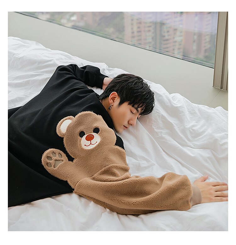 Voguable Plus Velvet Thick Autumn And Winter Round Neck Long-Sleeved Lamb Hair Embroidery Flocking Comic Bear Loose Lazy Style Sweatshirt voguable