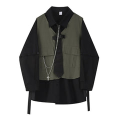 Voguable 2022 Spring Autumn Women's Two-Piece Sets Streetwear Fashion Tooling Style Vest And Solid Loose Long Sleeve Shirts Female Suit voguable