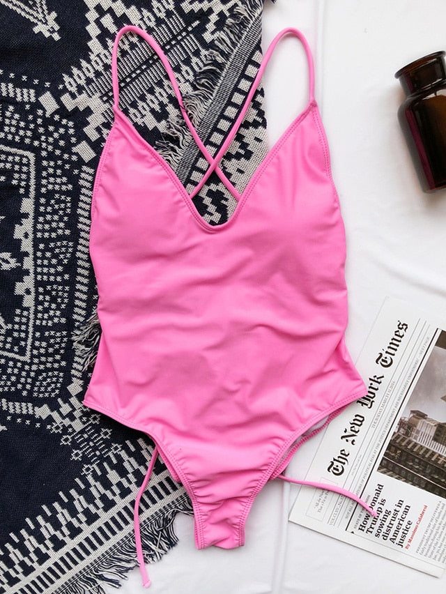 Voguable   2022 V Neck Female Swimwear One Piece Swimsuit Women Backless Monokini Sexy Bather Plus size High cut Bathing Suit Swim Bodysuit voguable