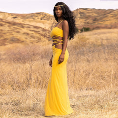 Strapless Crop Top and Long Dress Two Piece Set Yellow Women Summer Outfits Slit Party Club Vacation Beach Maxi Dress voguable