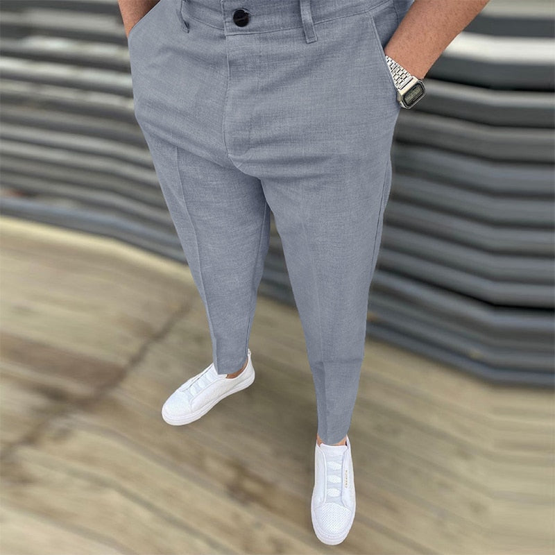 Voguable Autumn Casual Business Men Solid Pants Fashion Slim Fit Long Trouser For Men's Mid Waist Buttoned Design Pants Spring Streetwear voguable