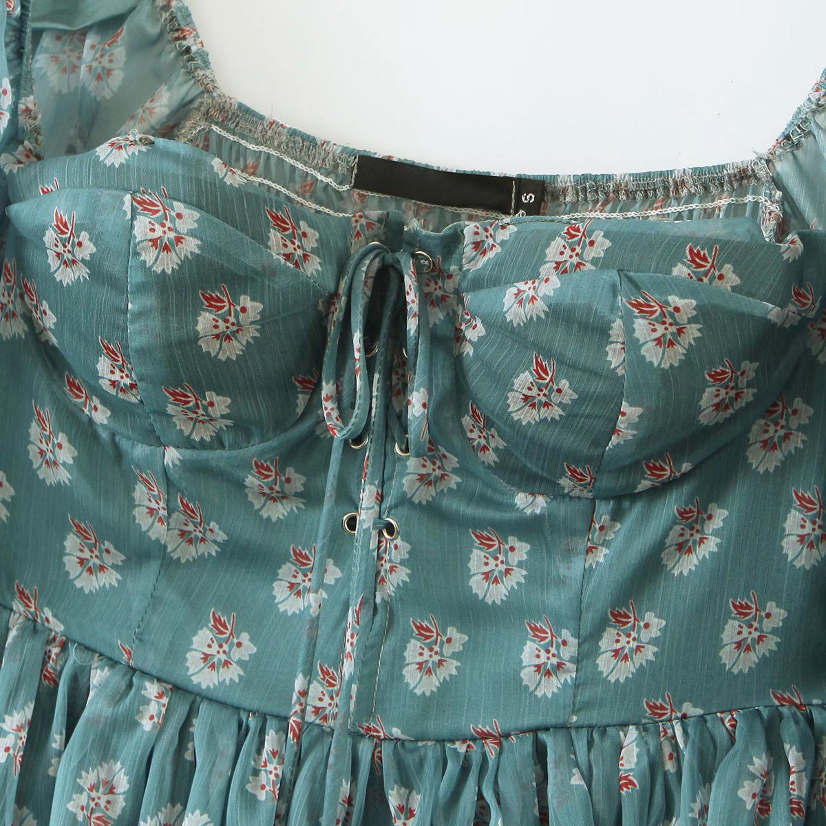 Voguable  Summer Women Floral Print Ruffle Cake Chiffon Dress Sexy Collar Long Sleeve Holiday Vintage Dress Ladies Short Robe voguable