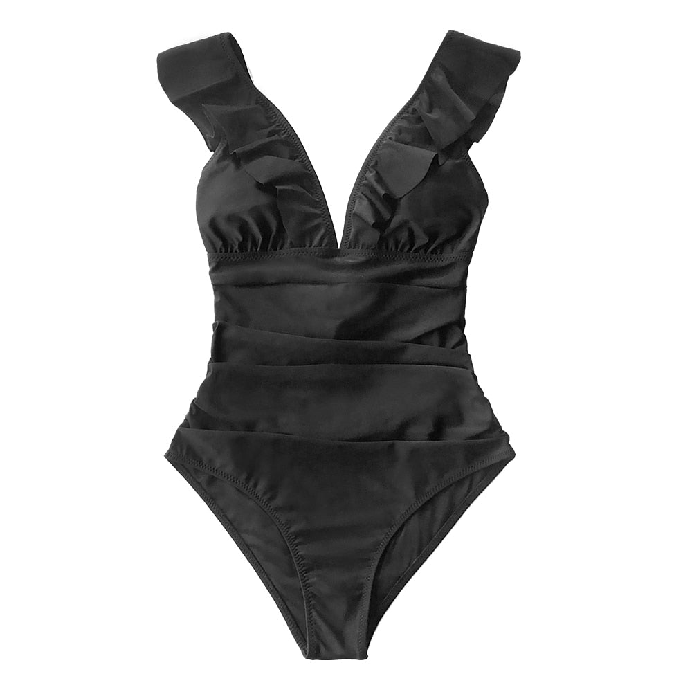 Voguable  Solid Black Ruffled One-piece Swimsuit Women Sexy Lace Up Monokini Swimwear 2022 New Girl Beach Bathing Suits voguable