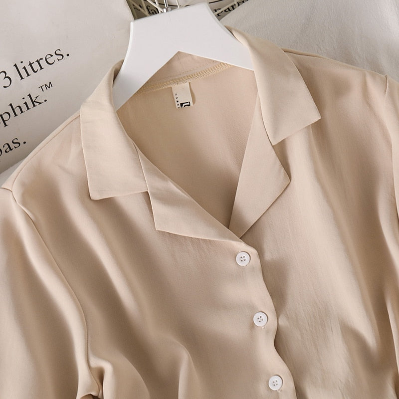 Voguable  Shirts Women Notched Crop Top Simple New Summer Ladies All-match Chic Elegant Ulzzang Harajuku Fashion Solid Chiffon Design Slim voguable