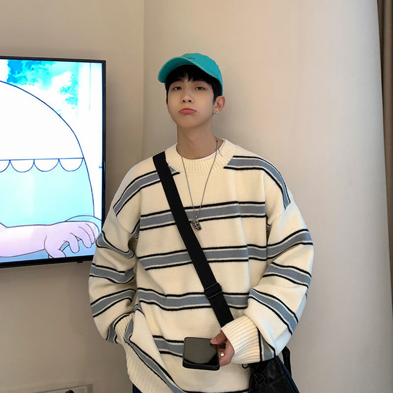 Voguable Striped Sweater Men Round Neck Winter Pullover Sweater Korean Fashion Harajuku Loose Wild Long Sleeve Sweater Oversize voguable