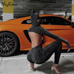 Voguable  Long Sleeve Solid Backless Sequin Skinny Jumpsuit Autumn Winter Women Fashion Sexy Streetwear Casual Romper voguable