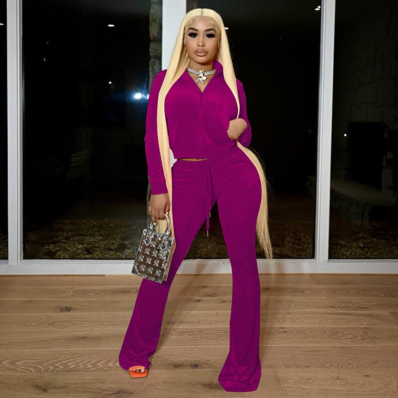 Voguable  Simple Casual 2 Piece Set Women Solid Velour Zipper Long Sleeve Turtleneck Top Lace Bandage Slim Female Wide Leg Pants voguable