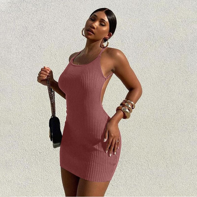 Voguable Sleeveless Solid Ribbed Backless Square Collar Sexy Mini Dress Spring Summer Women Elegant Party Club Outfits voguable