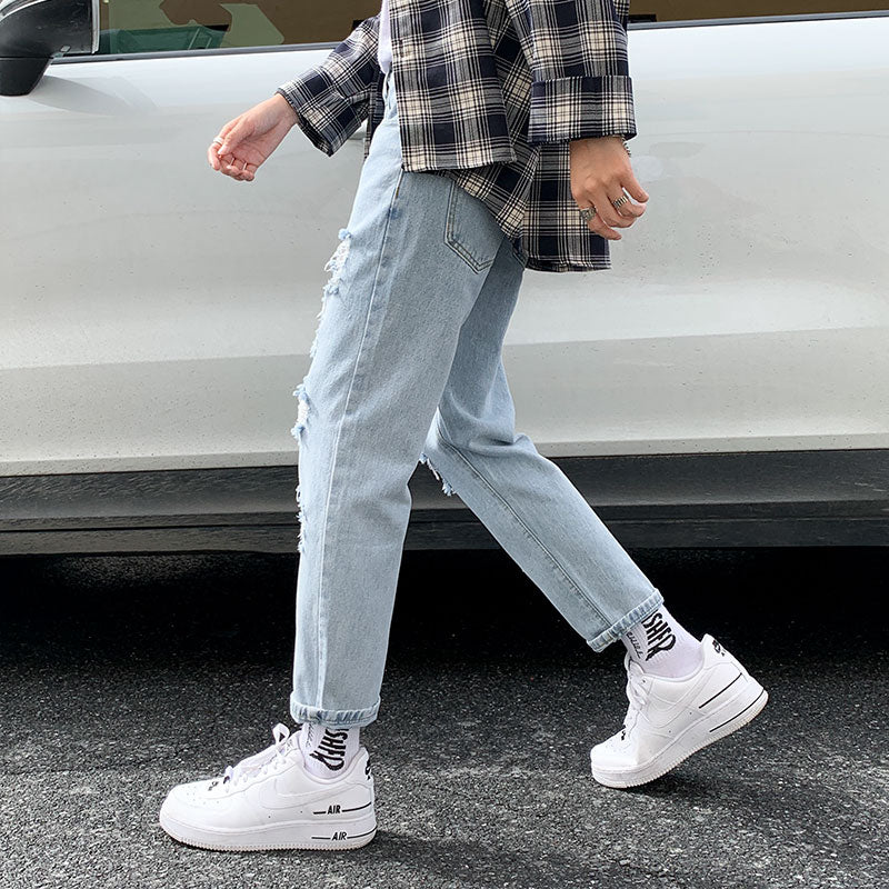 Voguable  Summer Slim Fit Jeans for Mens Streetwear Korean Designer Regular Distressed Denim Slim Homme Pants Hip Hop Hole Jeans Trousers voguable