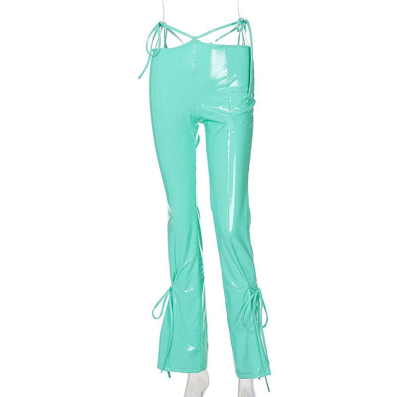 Voguable High Waist Solid Pu Leather Bandage Cut Out Pants Autumn Winter Women Fashion Streetwear Casual Flares Trousers voguable