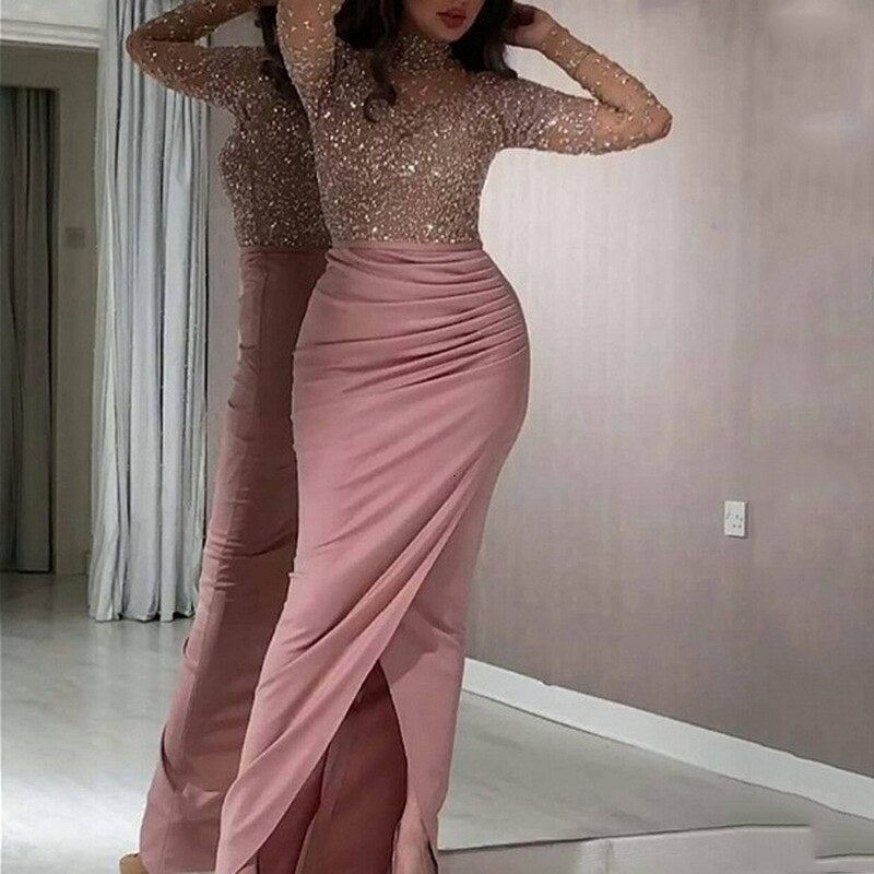 2022 Summer Women Glitter Sequin Dress Shiny O Neck Mesh Patchwork Club Party Long Sleeve Bodycon Ruched Long Split Dresses Pink voguable