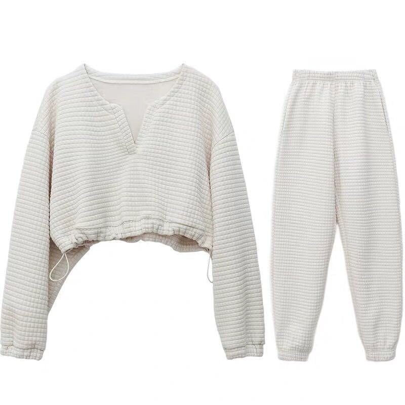 New Leisure Suit High Waist Pant Solid Loose Joggers Female Casual Two Piece Tracksuit Suit Fashion Plaid Chic Cropped Pullovers voguable