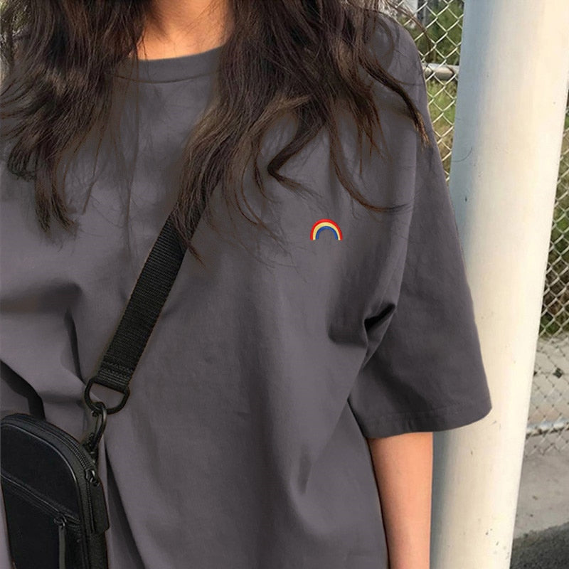Voguable  BF Style Women T Shirt Short Sleeve O-neck Female Tops Tees Embroidery Solid Color Casual Loose Summer tshirt  New voguable