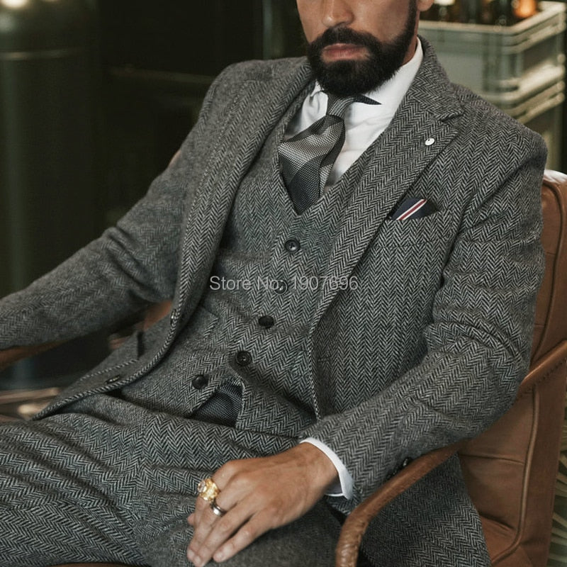 Voguable Gray Woollen Herringbone Men Suits for Wedding Groom Tuxedo 3 Piece Tweed Custom Fashion Set Jacket with Pants Waistcoat 2020 voguable