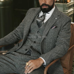 Voguable Gray Woollen Herringbone Men Suits for Wedding Groom Tuxedo 3 Piece Tweed Custom Fashion Set Jacket with Pants Waistcoat 2020 voguable