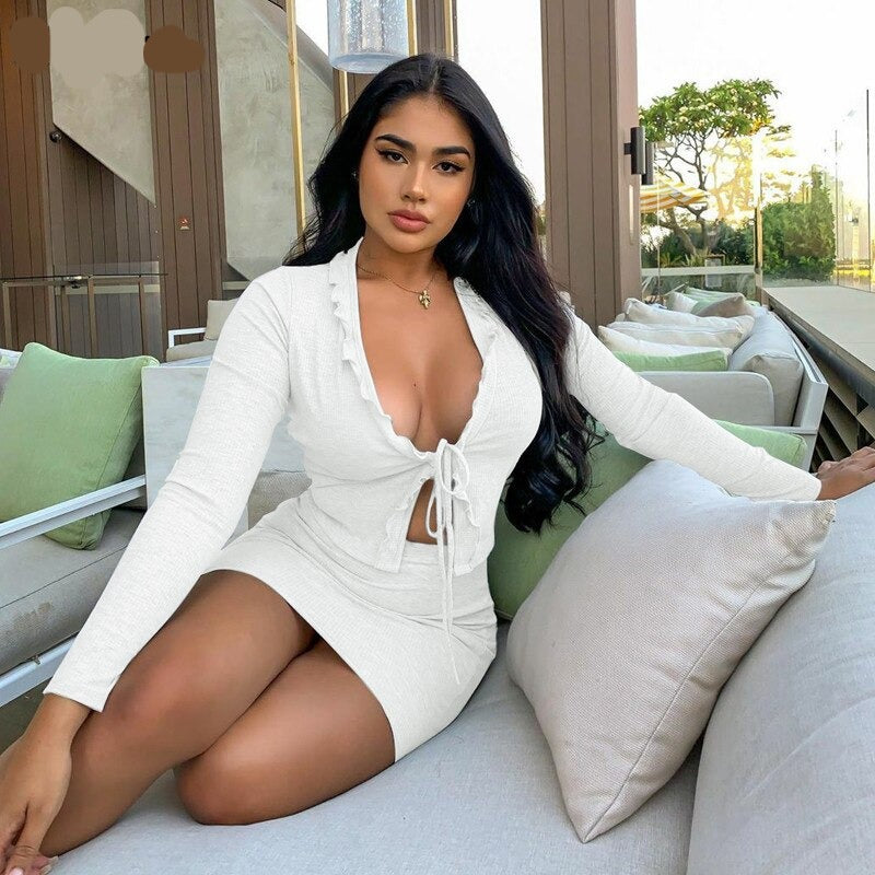 Voguable   ruffles patchwork bandage sexy cardigan skirt 2 piece set autumn winter women fashion streetwear tshirt tracksuit voguable