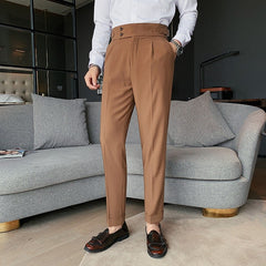 Voguable 2022 New Design Men High Waist Trousers Solid England Business Casual Suit Pants Belt Straight Slim Fit Bottoms White Clothing voguable