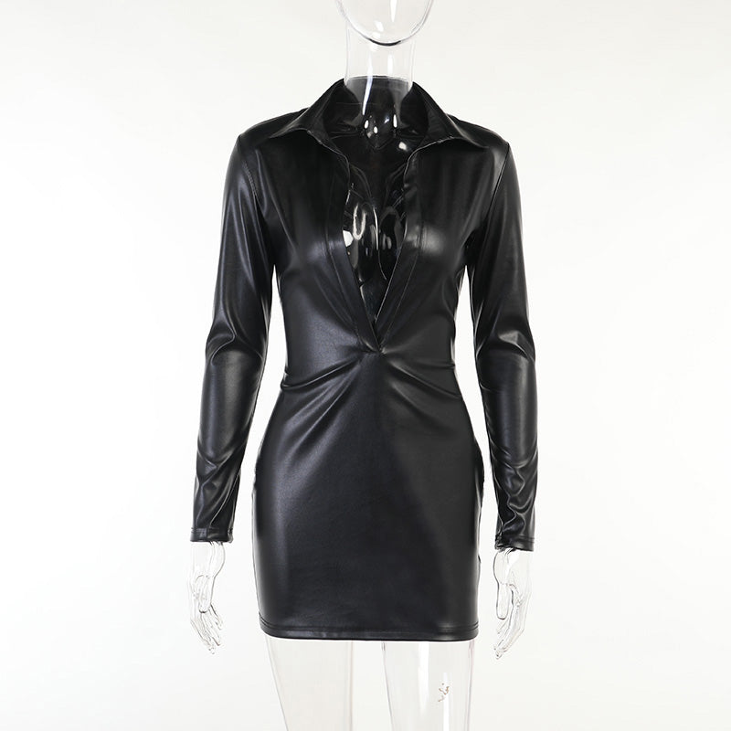 Voguable  2022 Pu Leather Deep V Neck Long Sleeve Loose Mini Dress Autumn Winter Women Fashion Casual Streetwear Outfits Club Y2K voguable