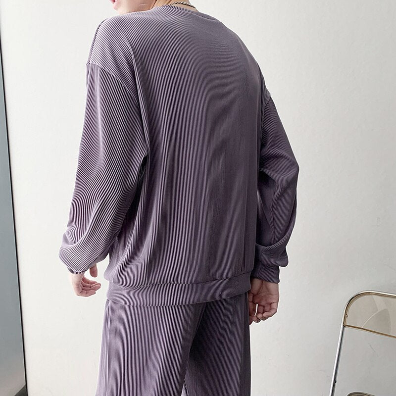 Black/Gray/Purple Pleated Sets Men Fashion Stretch Loose Long-sleeved T-shirt Trousers Two-piece Korean Loose Mens Ice Silk Sets voguable