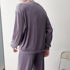 Black/Gray/Purple Pleated Sets Men Fashion Stretch Loose Long-sleeved T-shirt Trousers Two-piece Korean Loose Mens Ice Silk Sets voguable