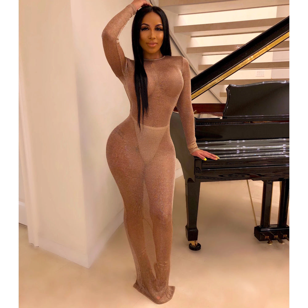 Voguable  Sexy New Women Fish Net Slim Long Dress Beach Cover-Ups Mesh Sheer See Through Maxi Dress Slim Bodycon Cover-Up Beachwear voguable