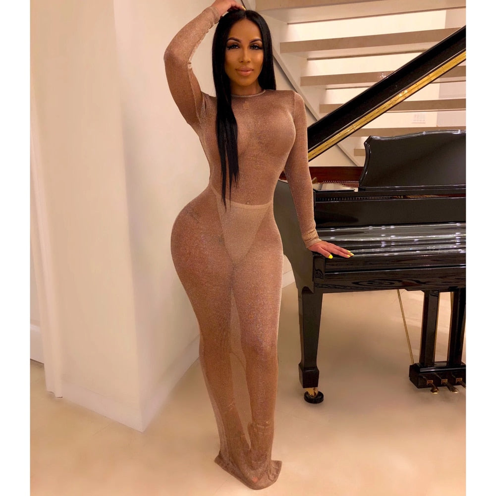Voguable  Sexy New Women Fish Net Slim Long Dress Beach Cover-Ups Mesh Sheer See Through Maxi Dress Slim Bodycon Cover-Up Beachwear voguable