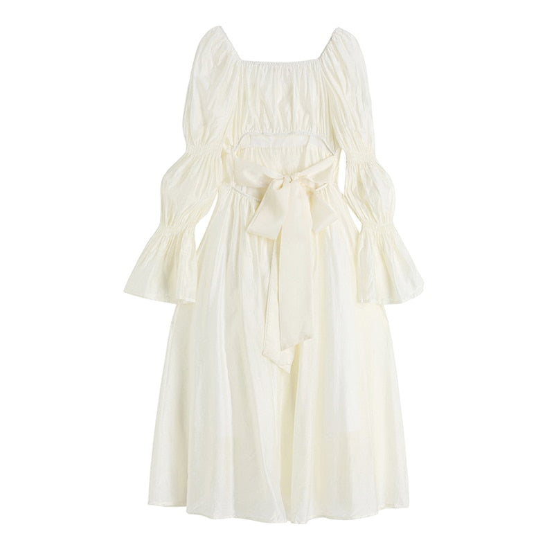 Voguable 2022 Autumn New Women's Dress French Vintage Sweet Style Hollow-Out Bow Lace-Up Square Collar Puff Sleeve Ladies Long Dresses voguable