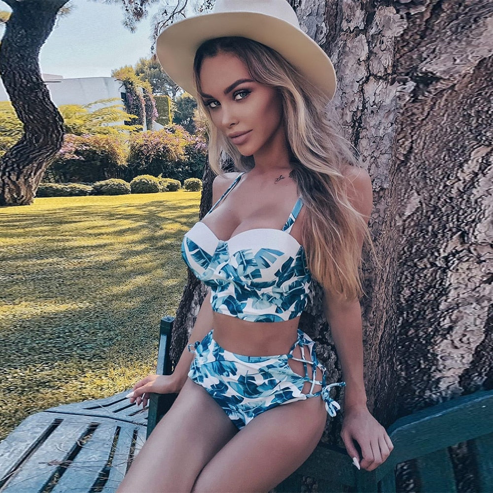 Voguable High Waist Bikini Set 2022 mujer Push Up Bandage Bikini Swimwear Women Floral Two Pieces Swimsuit Strappy biquinitraje de baño voguable
