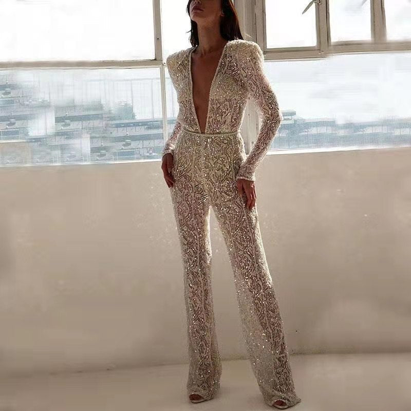The new women's sexy long-sleeved, deep-v silver sequin two-piece party dress pant jumpsuit voguable