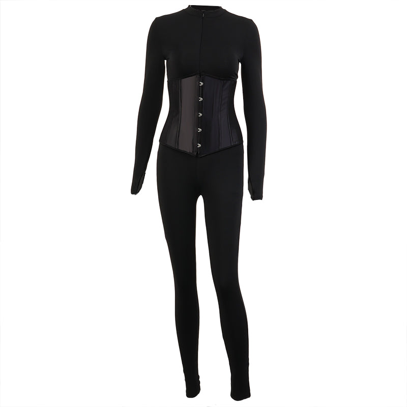 Voguable  2022 Long Sleeve Jumpsuit Bandage Corset 2 Pieces Set Autumn Winter Women Sexy  Zipper Suit Romper Y2K Streetwear voguable