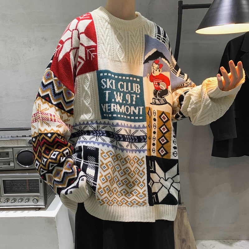 Voguable 2021 Geometry Sweater Jumper Men Korean Loose Knitted Sweater Clothing Oversize Top Couple Casual Knitting Pullovers Men voguable