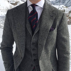 Voguable Gray Wool Tweed Men Suits For Winter Wedding Formal Groom Tuxedo 3 Piece Herringbone Male Fashion Set Jacket Vest with Pants voguable