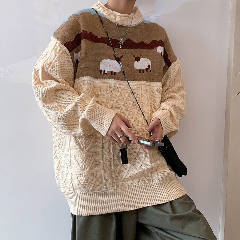Voguable 2021 Harajuku Knitted Sweaters Cartoon Sheep Pullovers Men Hip Hop Streetwear Sweater Male Autumn Winter Loose Pullovers voguable