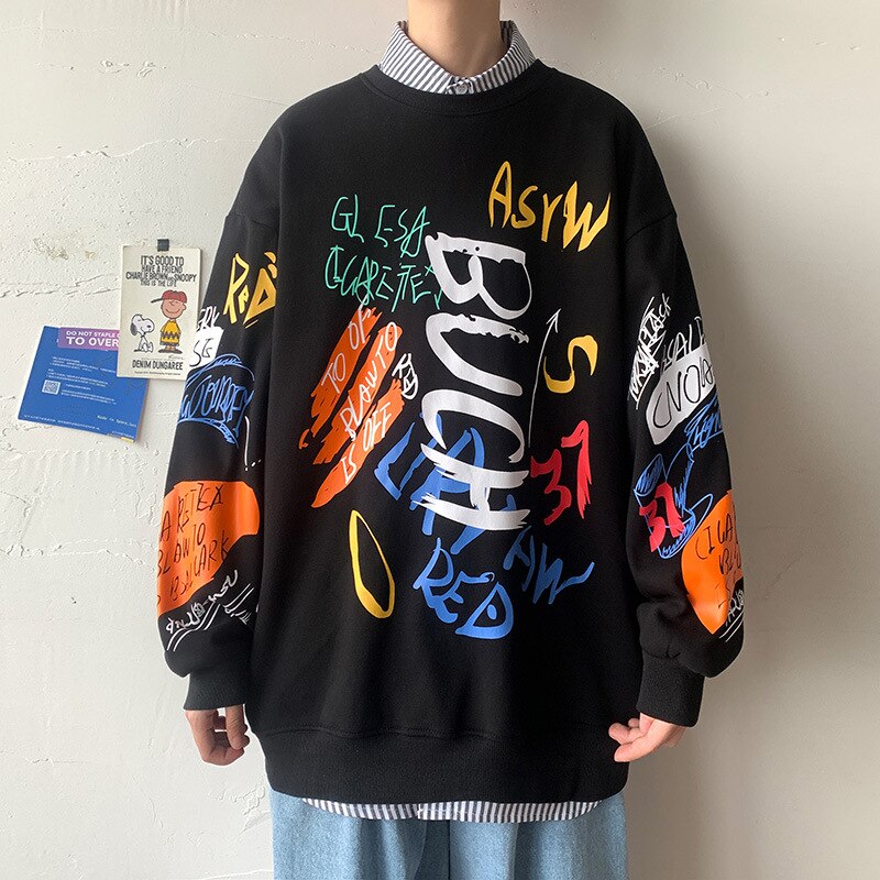 Voguable Hooded Sweatshirt for Men Casual Pullovers Graffiti Hoodies Japanese Hip Hop Crewneck Sweatshirts Streetwear Harajuku voguable