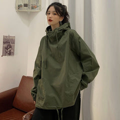 Oversized Women's Hooded Shirt Unisex Tactical Korean Loose Techwear Windbreaker Jacket Trend Mid-length High Street Punk Tops voguable