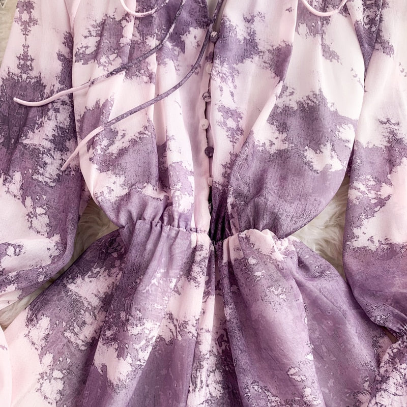 Bohemian Women Tie Dye Printed Chiffon Romper Female Elegant Ruffle V-Neck Wide Leg Jumpsuits Casual Yellow/Purple Playsuit New voguable