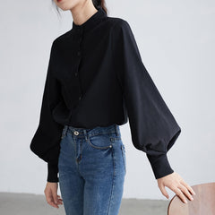 Voguable  Big Lantern Sleeve Blouse Women Autumn Winter Single Breasted Stand Collar Shirts Office Work Blouse Solid Vintage Blouse Shirts voguable