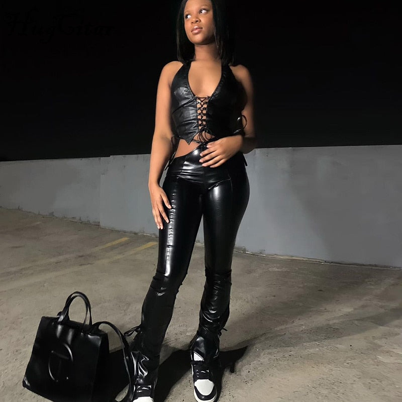 Voguable High Waist Solid Pu Leather Bandage Cut Out Pants Autumn Winter Women Fashion Streetwear Casual Flares Trousers voguable