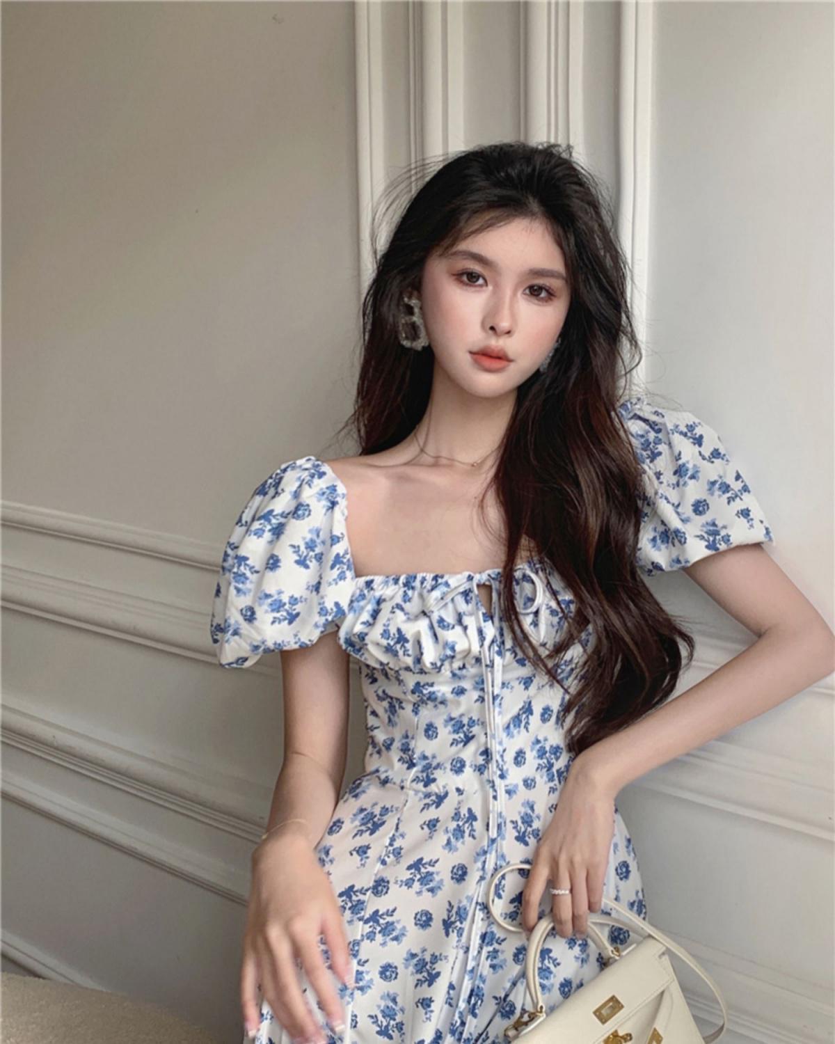 Voguable  2022 Dresses Women Side-slit French Style Print Leisure Puff Sleeve All-match Sexy Ladies Vestidos Vintage College Birthday Party New voguable