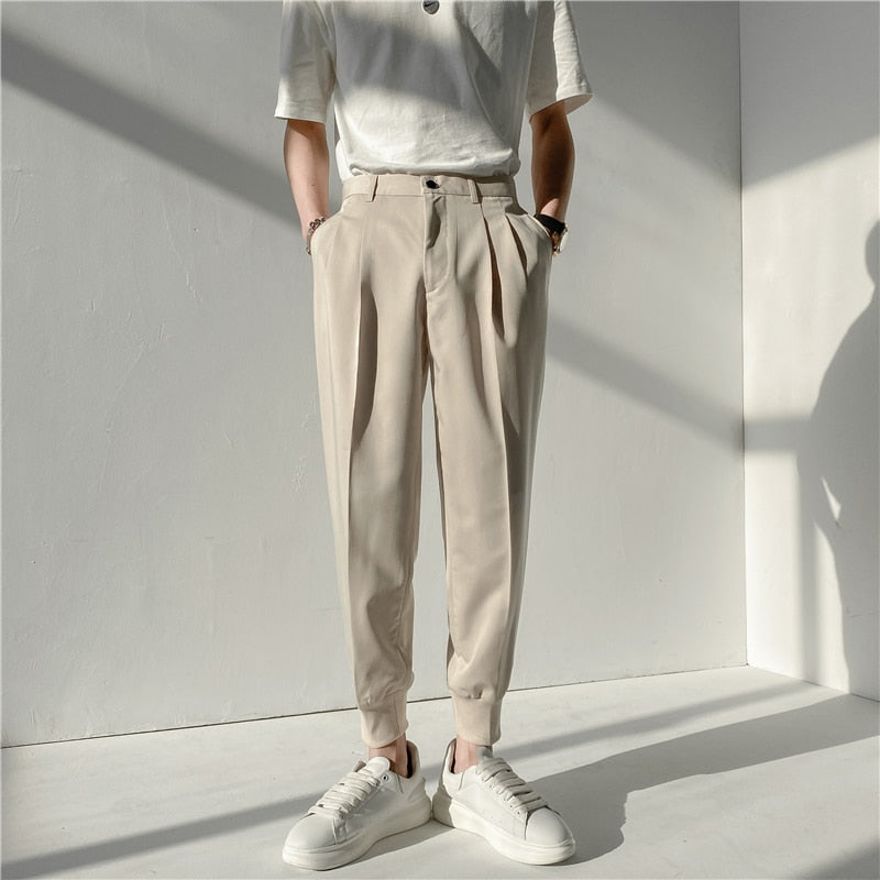 2021 New Summer Men's White Suit Pants Korean Stylish Trousers Male Elastic Waist Solid Tapered Ankle Length Casual Pants Man voguable