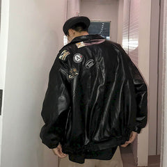 Voguable Leather jacket male handsome bomb street motorcycle clothing spring autumn loose jacket Korean baseball uniform casual jacket voguable