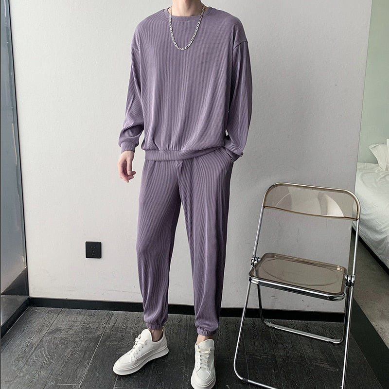 Black/Gray/Purple Pleated Sets Men Fashion Stretch Loose Long-sleeved T-shirt Trousers Two-piece Korean Loose Mens Ice Silk Sets voguable