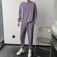 Black/Gray/Purple Pleated Sets Men Fashion Stretch Loose Long-sleeved T-shirt Trousers Two-piece Korean Loose Mens Ice Silk Sets voguable