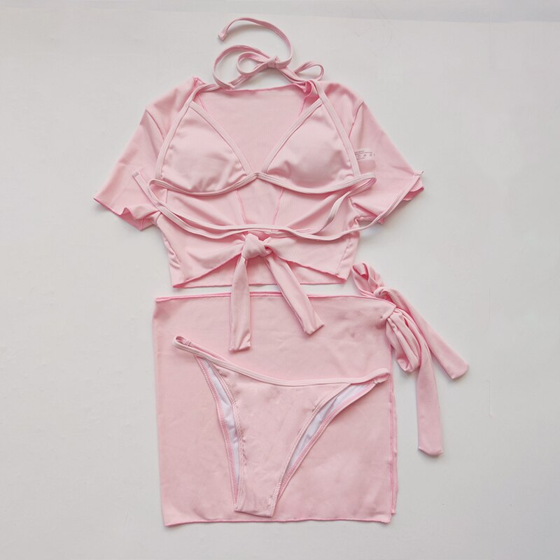 Voguable String bikinis 2022 mujer High cut women’s swimsuit Triangle swimwear female Solid 4 pieces set bathing suit beach wear voguable