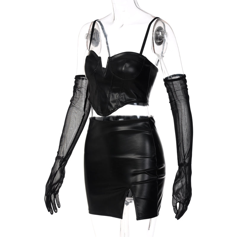 Hugcitar Pu Leather Slip With Detachable Sleeve Backless Sexy Crop Top Mini Dress 2 Pieces Set 2022 Fall Winter Women Party Y2K voguable