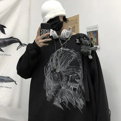 Voguable Retro dark printed sweatshirt for couples to wear loose black long sleeve top fashionable wide Songyuan night style album top voguable