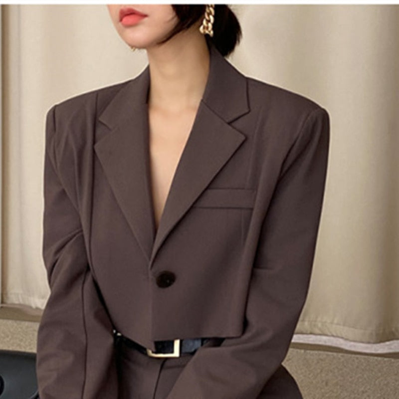Office Lady Blazer Suits Vintage Two Piece Set Women Long Sleeve Short Blazer + High Waist Wide Leg Long Pants 2 Piece Outfits voguable