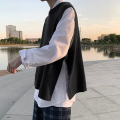 Voguable Autumn Korean Sweater Vest Men's Fashion Casual O-neck Knitted Pullover Men Clothes Streetwear Loose Mens Vest Knitting Sweaters voguable