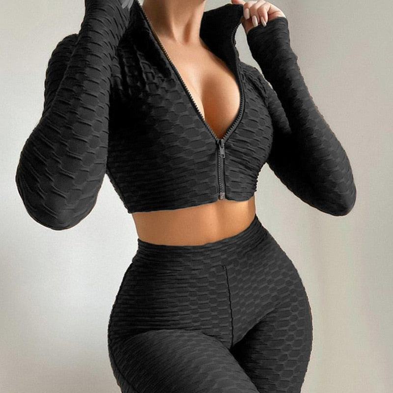 Spring Autumn Outfits Set 2 Pieces Suit Tracksuit Female Solid Color Long Sleeve Crop Tops with Zipper Long Pants for Women Fall voguable